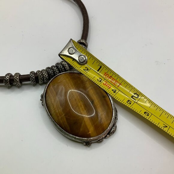 Lucky Brand Tiger Eye Pendant Leather Cord Silver Distressed Tone Boho Necklace - Picture 7 of 7